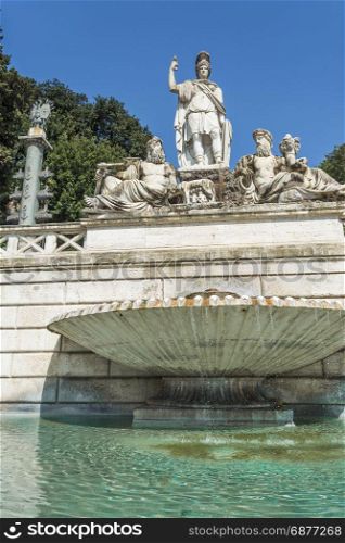 Fontana della Dea di Roma, Piazza del Popolo, Rome, Italy. Fontana della Dea di Roma, Piazza del Popolo, Rome, Italy. Monumental fountain composed of the Rome goddess in the middle, and the two rivers the Tiber and Aniene.