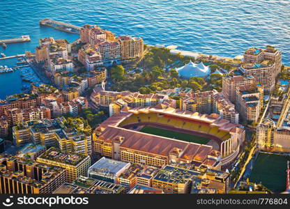 Fontvieille colorful waterfront and AS Monaco stadium aerial view, Principality of Monaco