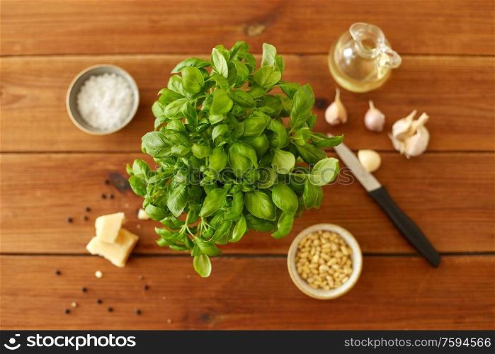 food and culinary concept - parmesan cheese, pine nuts, vinegar and garlic for basil pesto sauce making on wooden table. ingredients for basil pesto sauce on wooden table