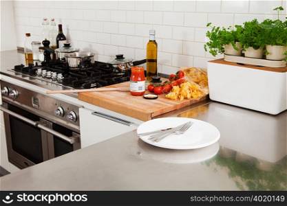 Food and utensils in kitchen
