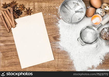 Food background. Baking tools and ingredients. Dough preparation. Recipe book concept