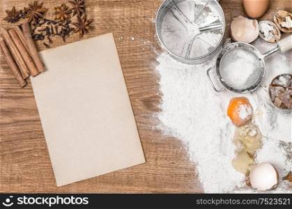 Food background. Baking tools and ingredients. Recipe book concept