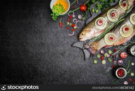 Food background for fish dishes cooking with various ingredients. Raw char with oil, herbs and spices on cutting board , top view.Healthy food or diet nutrition concept.