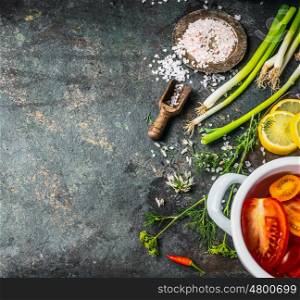 Food background for healthy , diet or vegetarian cooking recipes with fresh vegetables and spices ingredients, top view, place for text