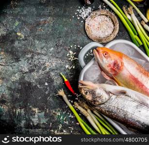 Food background for healthy or diet cooking recipes with fresh fishes and spices ingredients, top view, place for text