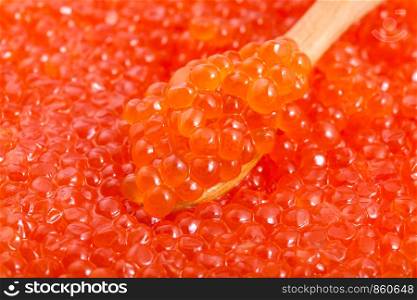 food background - little wooden spoon in salted red caviar of pink salmon fish close-up