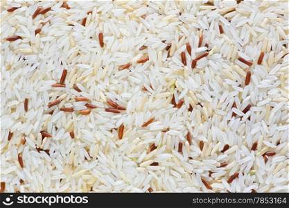 Food background. Mix rice of white, brown and red rice