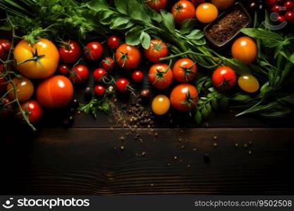 Food background. Top view of olive oil, tomatoes, herbs and spices on rustic black slate.