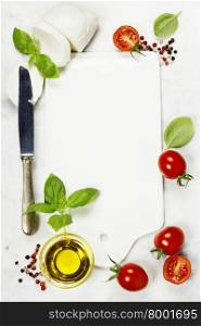 Food background with Empty vintage cutting board and ingredients on white marble background