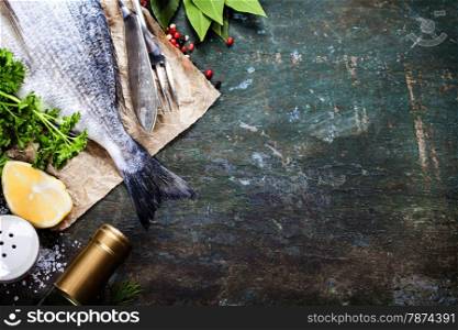 Food background with Fish and Wine. Lots of copy space