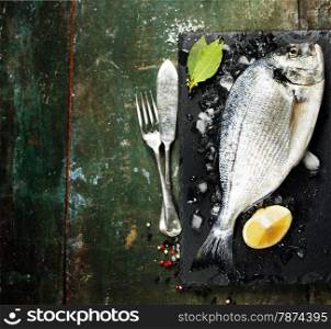 Food background with Fish and Wine. Lots of copy space