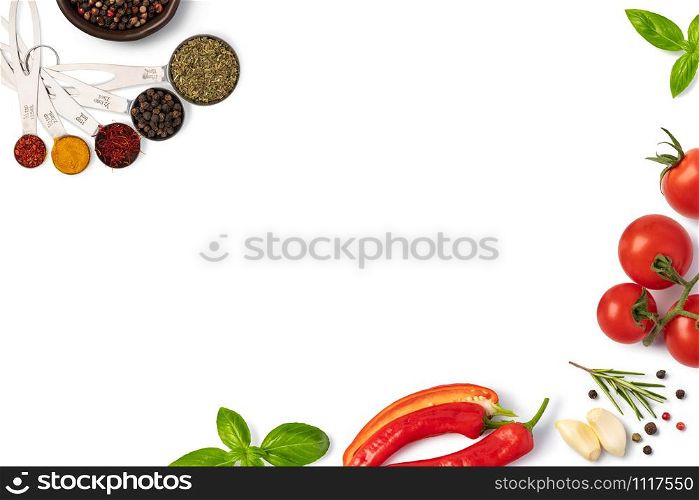 Food background with free space for text. Composition with ingredients for cooking over white background. Top view with copy space. Food background with free space for text