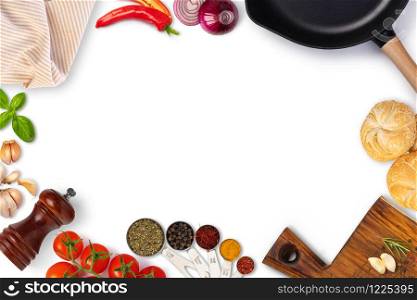 Food background with free space for text. Composition with ingredients for cooking over white background. Top view with copy space. Food background with free space for text