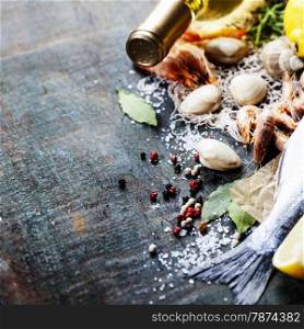 Food background with Seafood and Wine. Lots of copy space