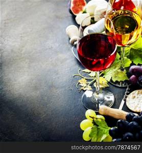 Food background with Wine, Cheese and Grape.