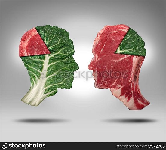 Food balance and health related eating choices with a human head shape green vegetable kale leaf with a piece of meat as a pie chart facing a red steak with the opposite situation as a lifestyle for nutritional decisions and diet or dieting dilemma.