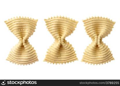 Food: basil uncooked farfalle pasta, isolated on white background