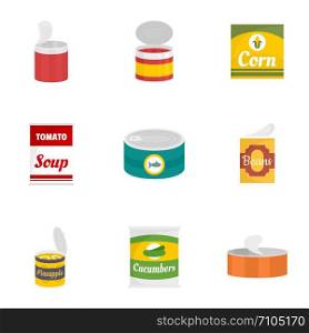 Food can icon set. Flat set of 9 food can vector icons for web design. Food can icon set, flat style