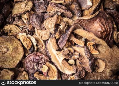 Food. Closeup dry mushrooms boletus as background texture