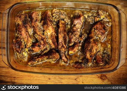 Food. Closeup of roasted chicken meat with spices and herbs dinner meal. Cooking and traditional cuisine.