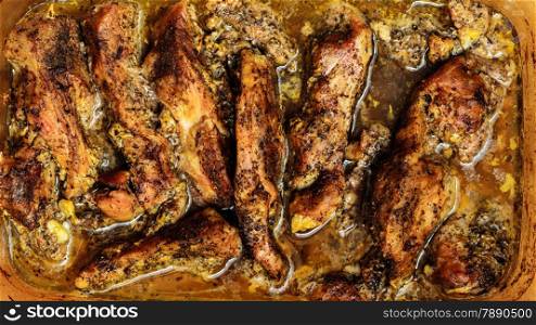 Food. Closeup of roasted chicken meat with spices and herbs dinner meal. Cooking and traditional cuisine.