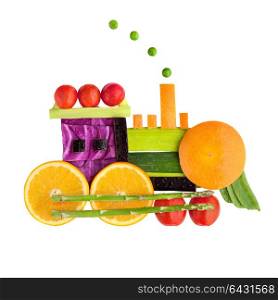 Food concept of a vintage locomotive made of vegs and fruits, isolated on white.