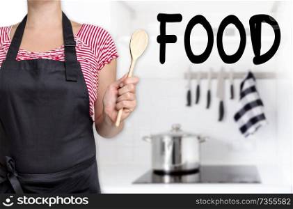 Food cook holding wooden spoon background.. Food cook holding wooden spoon background