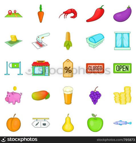Food court icons set. Cartoon set of 25 food court vector icons for web isolated on white background. Food court icons set, cartoon style