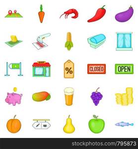 Food court icons set. Cartoon set of 25 food court vector icons for web isolated on white background. Food court icons set, cartoon style