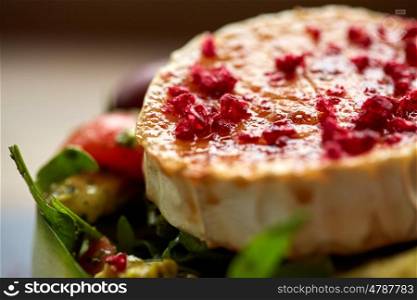 food, culinary, haute cuisine and cooking concept - close up of goat cheese salad with vegetables and dried raspberries at restaurant or cafe