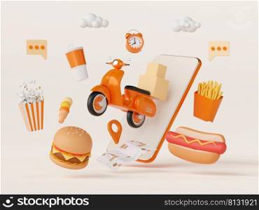 Food delivery application online on mobile, 3d illustration