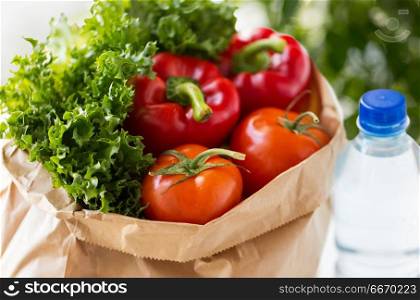 food, diet and healthy eating concept - close up of paper bag with fresh vegetables and water bottle over green natural background. close up of paper bag with vegetables and water. close up of paper bag with vegetables and water