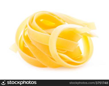 Food: dried italian pasta, fettuccine nest, isolated on white background