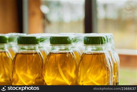 Food, drink concept. Apple juice carry pack with green cap. Apple juice carry pack with green cap