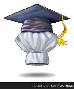 Food education concept and cooking school symbol with a graduation cap or mortar board on a chef hat as an icon of culinary training and learning how to cook gourmet meals for restaurants or home cuisine.