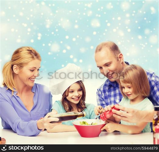 food, family, children, hapiness and people concept - happy family with two kids making salad for dinner over blue sky and snowflakes background