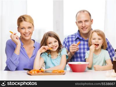 food, family, children, hapiness and people concept - happy family with two kids eating at home