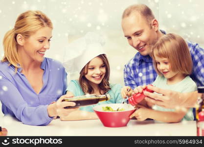 food, family, children, happiness and people concept - happy family with two kids making salad for dinner at home