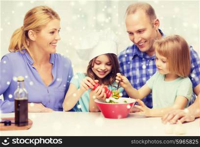 food, family, children, happiness and people concept - happy family with two kids making salad for dinner at home