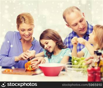 food, family, children, happiness and people concept - happy family with two kids making dinner at home