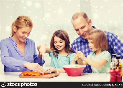 food, family, children, happiness and people concept - happy family with two kids making dinner at home