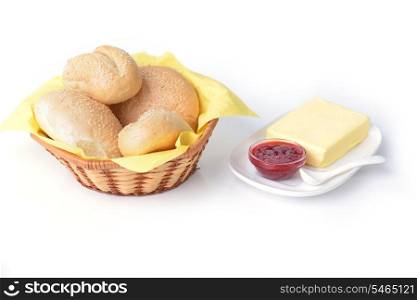 food for breakfast. buns, butter and jam