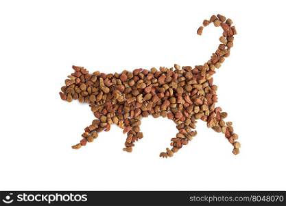 Food for cats in cat contour isolated on white
