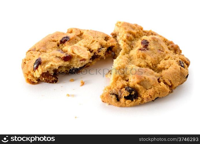 Food: fresh homemade cookie broken in half, on white background
