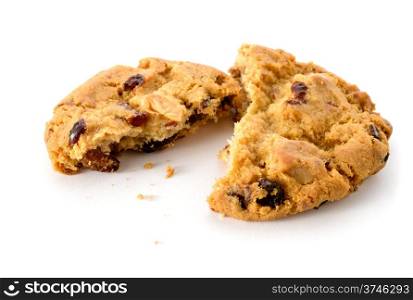 Food: fresh homemade cookie broken in half, on white background