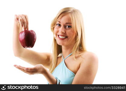 Food, fruit and healthy nutrition - Beautiful girl holding an apple with her fingers