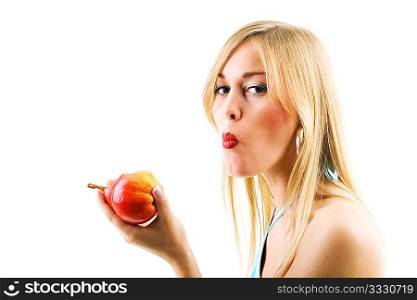 Food, fruit and healthy nutrition - Blond woman holding fruit