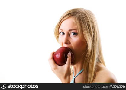 Food, fruit and healthy nutrition - Blonde girl eating an apple