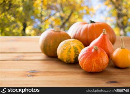 food, harvest, season and autumn concept - close up of pumpkins on wooden table over natural background