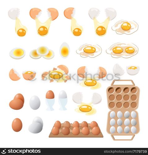 food icon. Chicken boiled,broken and raw eggs brown and white color.An egg in the shell and box ,half an egg with the yolk. Illustration in cartoon style.. Fried egg set. Fast food. Cooking lunch, dinner or breakfast. Natural product. Cooked omelet.